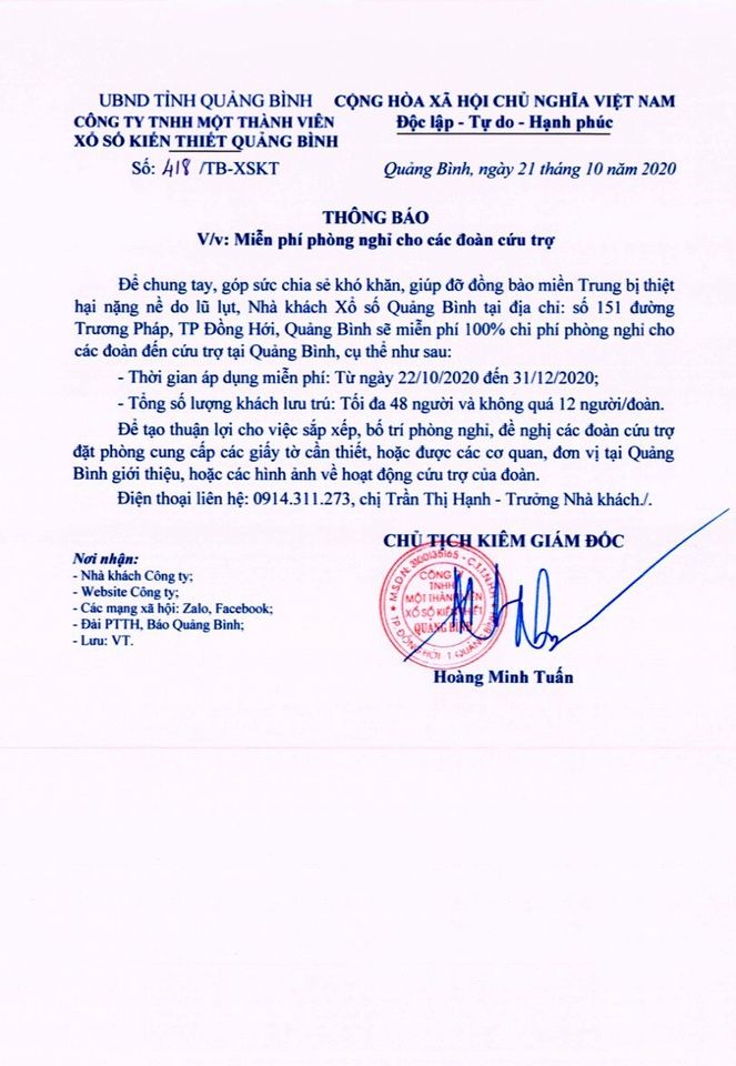 Nhà khách Xổ số Quảng Bình miễn phí 100% tiền phòng cho các đoàn cứu trợ tại Quảng Bình