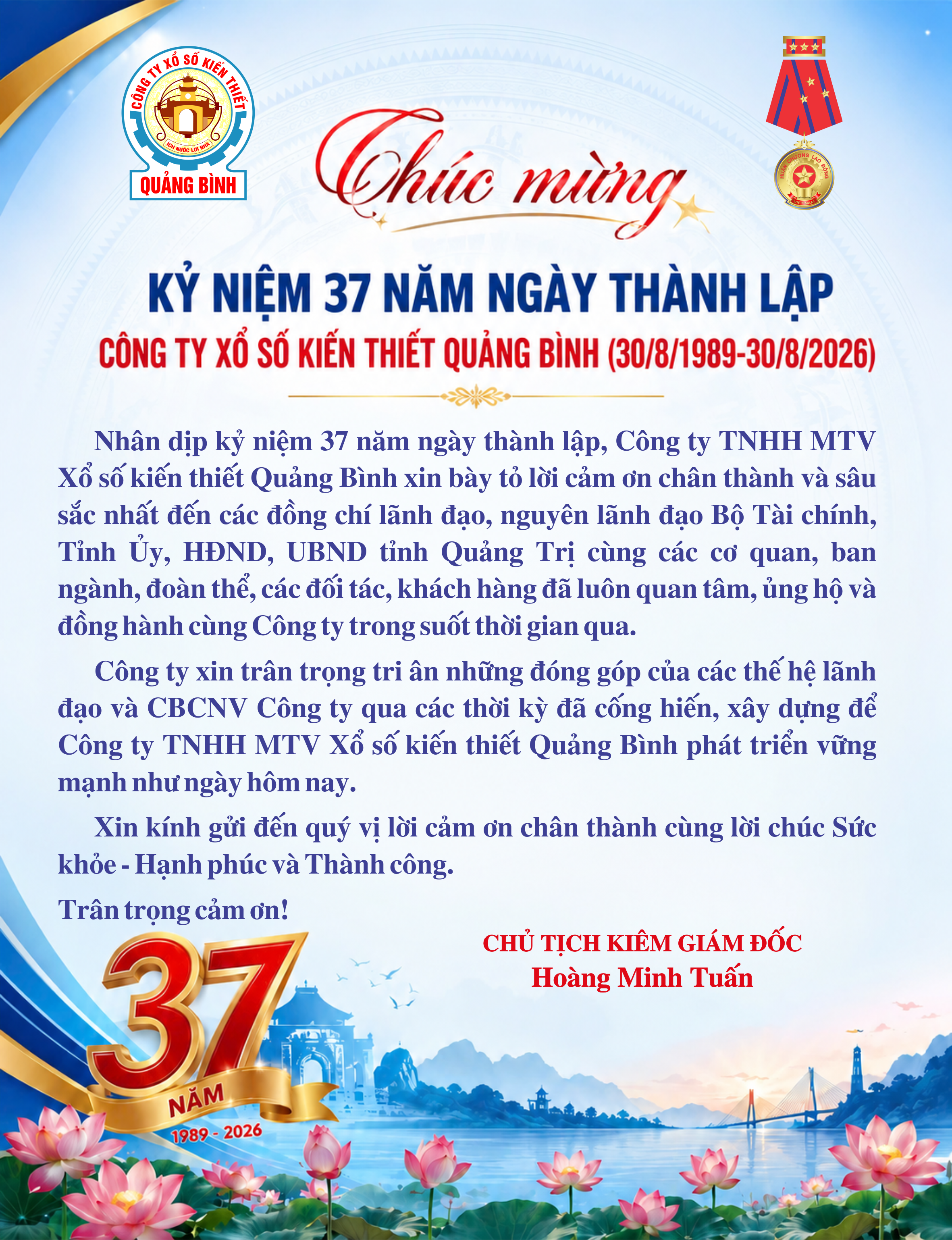 Chúc mừng Kỷ niệm 37 năm ngày thành lập Công ty Xổ số kiến thiết Quảng Bình (30/8/1989 - 30/8/2026)